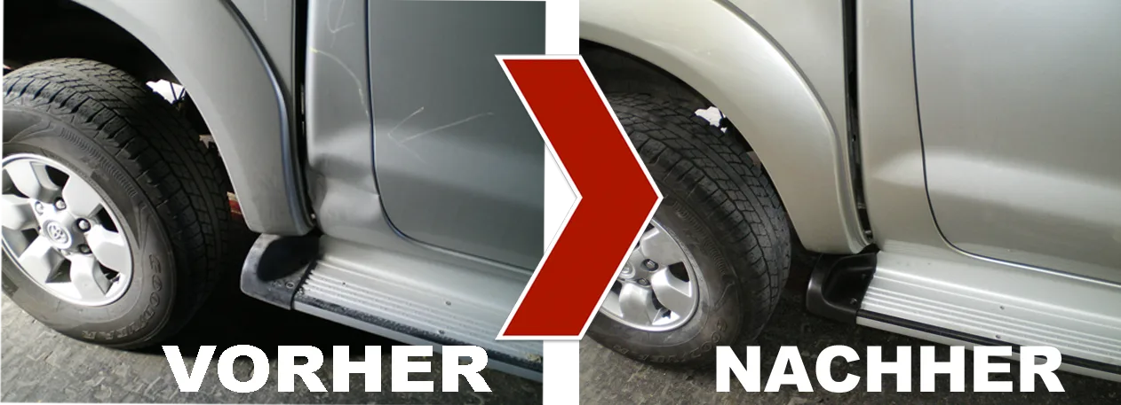 Vorher-Nachher-Gegenüberstellung eines Toyota Hilux mit Seitenschaden